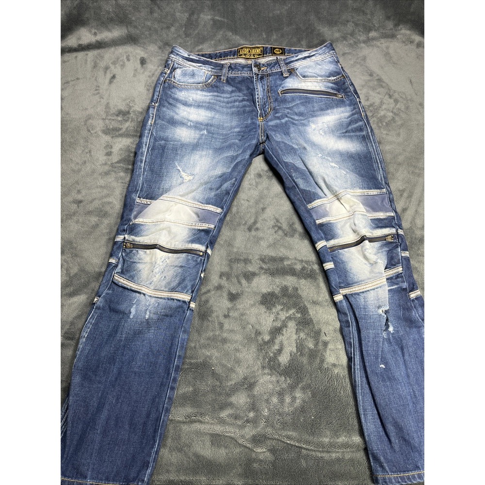 AKOO‎ Jeans Mens 34 x 28 Distressed Grunge Zipper Hip Hop Blue Denim Destroyed